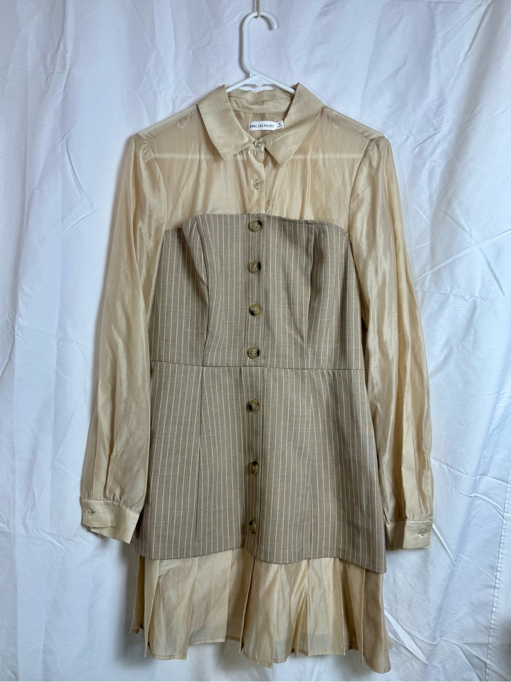 Avec Les Filles Pinstripe Organza Mixed Media Shirtdress | Tailored Pleated Mini